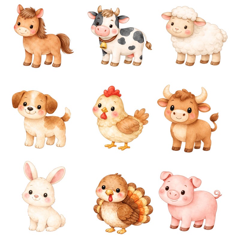 Cute Farm Clipart - Watercolor - Farm Animals Png - Cow - Pig - Horse ...