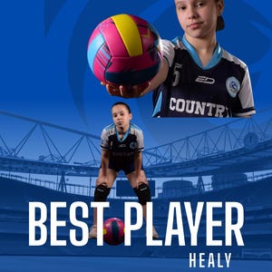 May include: Image featuring a young person with a volleyball, and the text "BEST PLAYER" and "HEALY". The background is a blue gradient with a stadium illustration.