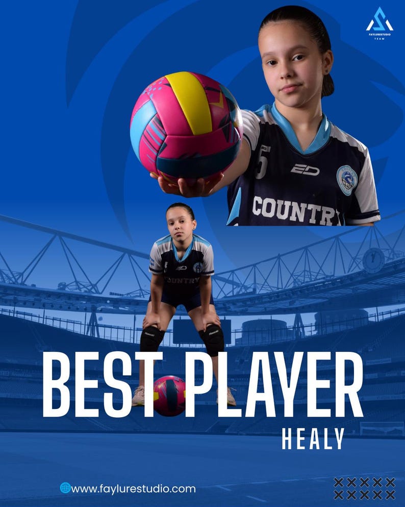 May include: Image featuring a young person with a volleyball, and the text "BEST PLAYER" and "HEALY". The background is a blue gradient with a stadium illustration.