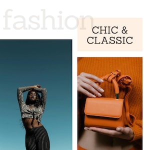 May include: The image displays a fashion theme with the words "fashion", "CHIC & CLASSIC". An orange leather handbag with a top handle is held by a person. The bag has a rectangular shape with a flap closure. A person is wearing a snake print top and black and white striped trousers.