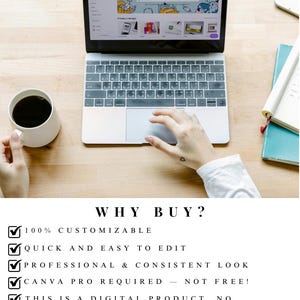 May include: A laptop displaying a design interface, with a cup of coffee and a notebook on a wooden surface. The screen shows the text "Design anything." The image also includes the text "WHY BUY?" and lists features such as "100% CUSTOMIZABLE" and "QUICK AND EASY TO EDIT."