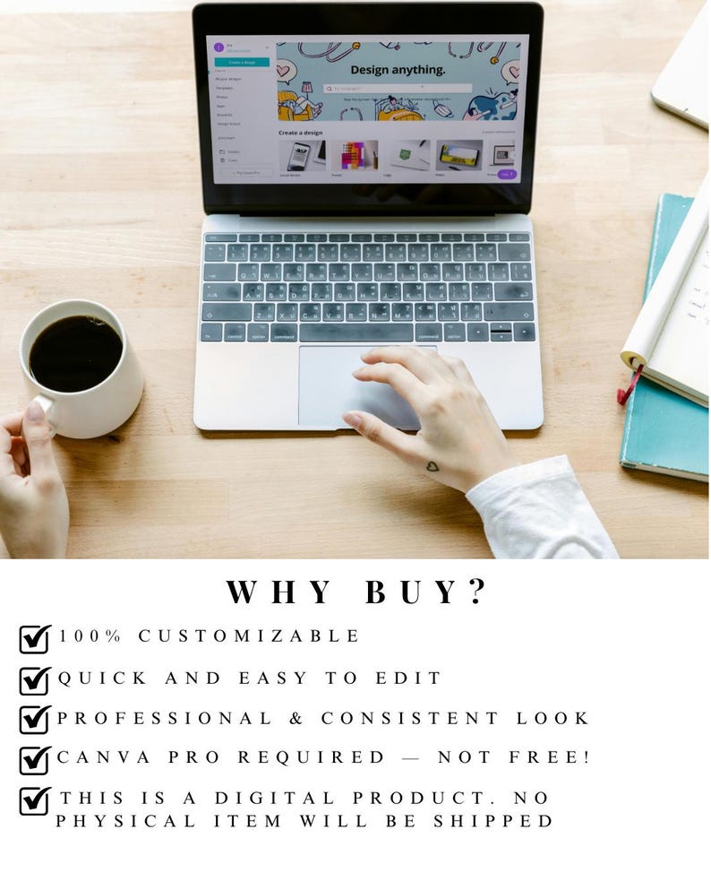 May include: A laptop displaying a design interface, with a cup of coffee and a notebook on a wooden surface. The screen shows the text "Design anything." The image also includes the text "WHY BUY?" and lists features such as "100% CUSTOMIZABLE" and "QUICK AND EASY TO EDIT."
