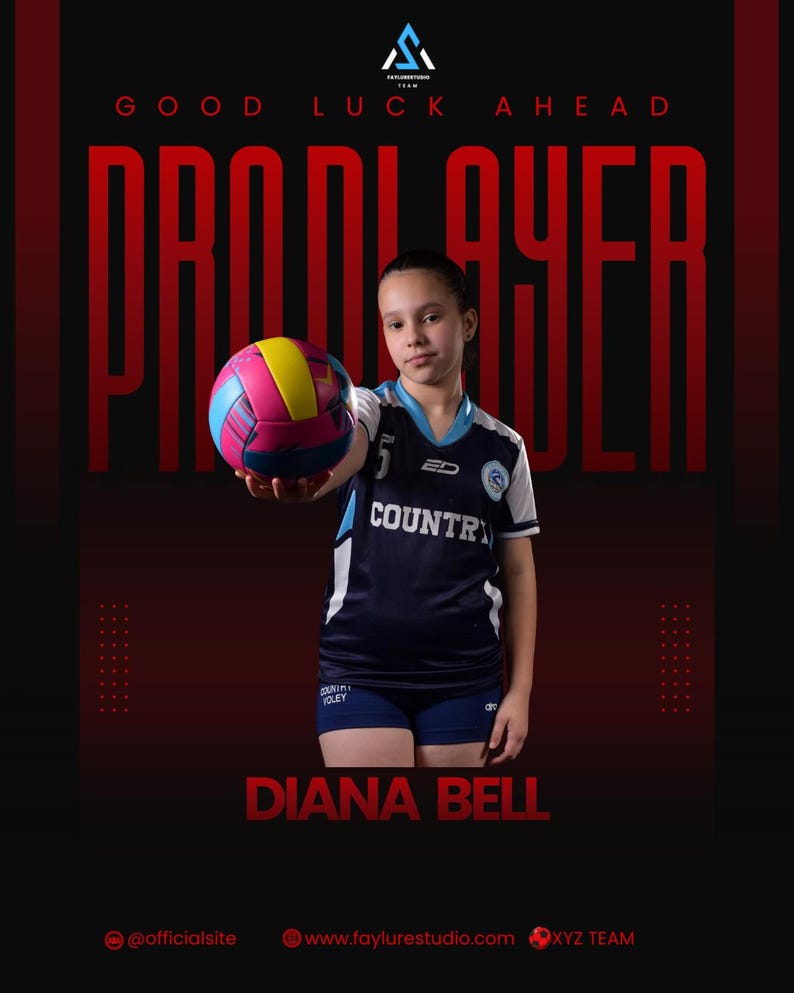 May include: A girl in a navy and white volleyball kit holds a multi-coloured volleyball. The image includes the text "GOOD LUCK AHEAD" and "PRO PLAYER" in red, and the name "DIANA BELL".
