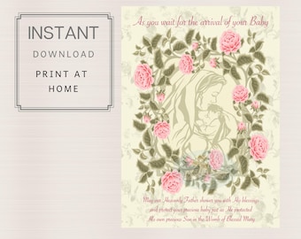 Katholieke babyshowerkaart: bloemen Maagd Maria (digitale download)