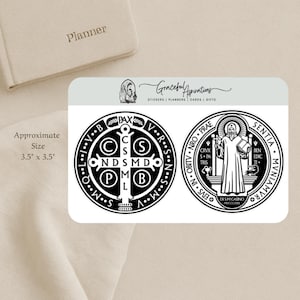 May include: Two circular stickers, each approximately 3.5 x 3.5 inches, featuring religious symbols. One has a cross design with the text "PAX" and other Latin abbreviations. The other depicts a saint holding a staff and book, with Latin text around the edge. The stickers are from "Graceful Aspirations".