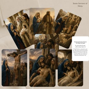 May include: A collection of religious cards titled Seven Sorrows of Mary, featuring detailed illustrations of biblical scenes including the flight into Egypt, the crucifixion, and the deposition of Christ, with descriptive text on a white card.