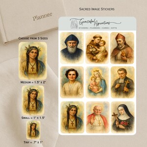 May include: A sheet of "Sacred Image Stickers" featuring religious figures. The stickers are available in three sizes: medium (3.8 cm x 5.1 cm), small (2.5 cm x 3.8 cm), and tiny (1.8 cm x 2.5 cm). The stickers include images of saints and religious figures.