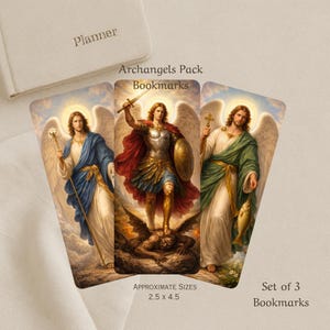 May include: Set of 3 bookmarks featuring illustrations of archangels. Each bookmark depicts an angel with wings, holding various items. The bookmarks are approximately 2.5 x 4.5 inches in size. The text "Archangels Pack Bookmarks" is printed on the bookmarks.
