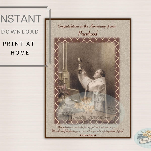 PRINTABLE Instant Download -  PDF Catholic Priest Ordination Anniversary Card,  PDF 5"x7" Print at Home