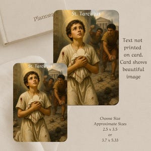 May include: Two cards featuring a religious painting of St. Tarcisius, a young man holding a communion wafer. The cards have the text "St. Tarcisius" at the top. The image shows a historical scene with other figures in the background.