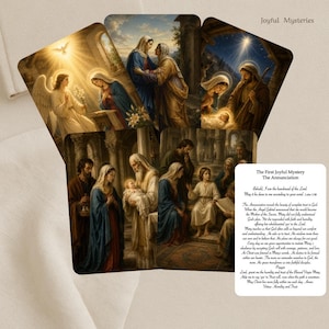 May include: A set of five rectangular cards titled Joyful Mysteries, featuring detailed religious illustrations of the Annunciation, Visitation, Nativity, Presentation, and Finding in the Temple, alongside a card with printed text.