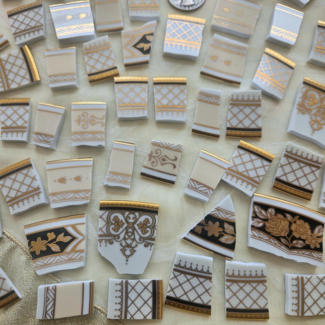 Fancy Golds and Black Patterns - Mosaic Tile Pieces From Dishware - Etsy