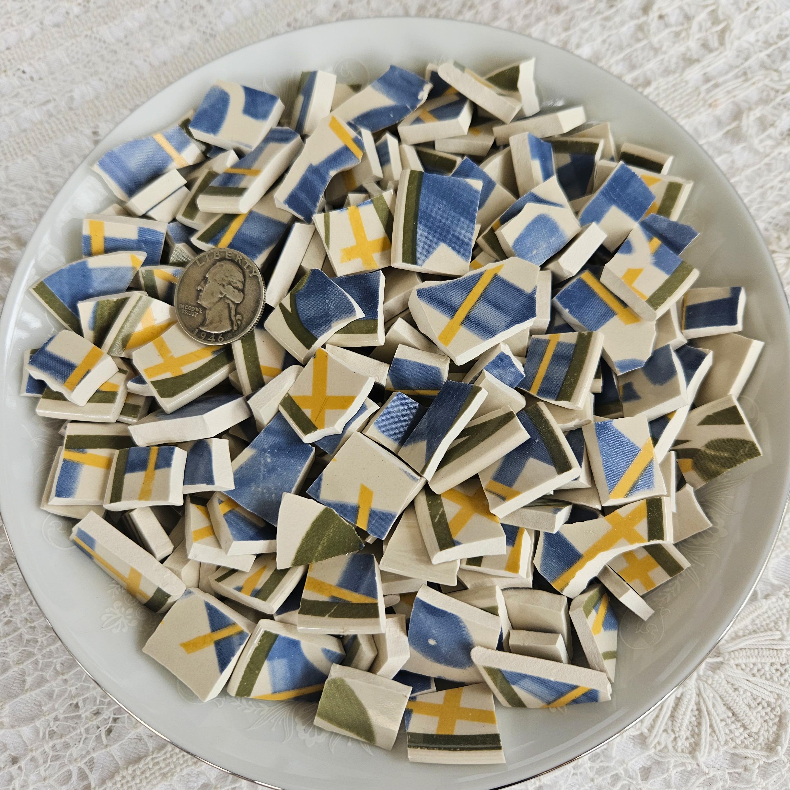 Blue Green Yellow Hatch Pattern – Hand Cut Dishware Mosaic Tile Pieces ...