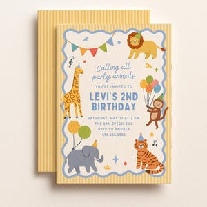 May include: A children's birthday party invitation with a zoo animal theme. The invitation features a giraffe, lion, monkey, elephant, and tiger. The text reads "Calling all party animals" and invites guests to Levi's 2nd birthday.