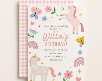 Einhorn Geburtstagseinladung Mädchen, bearbeitbare Canva Vorlage, druckbare rosa Party einladen, sofortiger Download