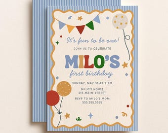 Invitación para el primer cumpleaños de un niño (1.er cumpleaños) / Plantilla de Canva (1057)