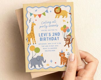 Verjaardagsuitnodiging feestbeesten | 1e, 2e verjaardag jongens | Canvassjabloon (1055)