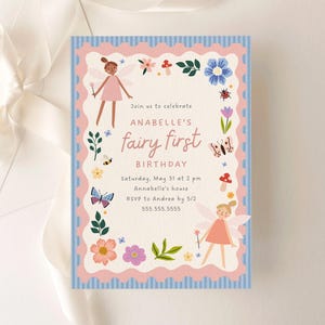 Fairy First Birthday Invitation | Butterfly Girl 1st Birthday | Canva Template (1019)
