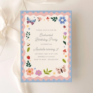 Zaproszenie urodzinowe dla dzieci z motywem motyli | Zaproszenie cyfrowe Enchanted Garden | Szablon Canva (1018)