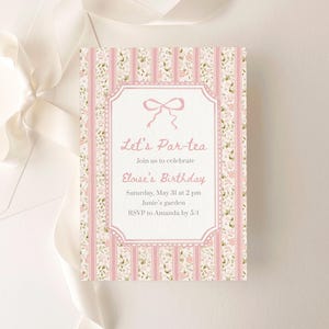 Tea Party Invitation | Pink Bow Girl Birthday Digital Invite | Canva Template (1006_TEA)