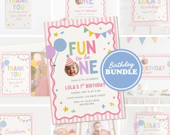 Paquete de artículos divertidos para el primer cumpleaños / Decoraciones para el primer cumpleaños / Plantillas editables