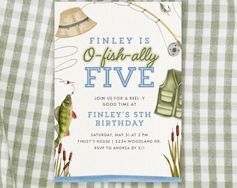 Invitación de cumpleaños de pesca / Ofishally para niños de 4 a 5 años / Plantilla digital Canva (1030_5)