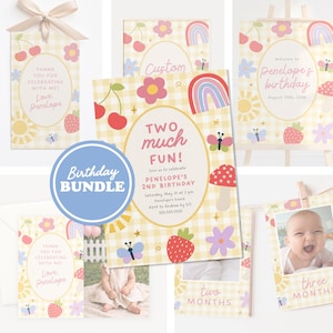 Op de afbeelding: Een verjaardagsbundel met een grillig ontwerp. De set bevat uitnodigingen, bedankkaarten en fotolijsten. De ontwerpen bevatten kersen, regenbogen, vlinders en de tekst "Two Much Fun!" en "Thank You for Celebrating With Me!"