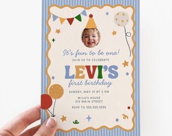 ¡Es divertido ser un niño de primer cumpleaños! Invitación / Primer cumpleaños / Plantilla editable de Canva (1057)