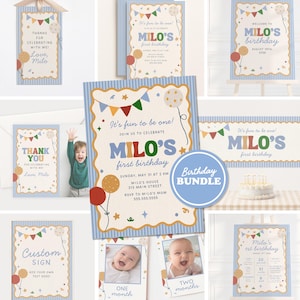 May include: A collection of birthday party supplies with a blue and beige theme. The set includes invitations, thank you cards, a banner, and a custom sign, all featuring the text "Milo's first birthday". Decorative balloons and bunting are also present.