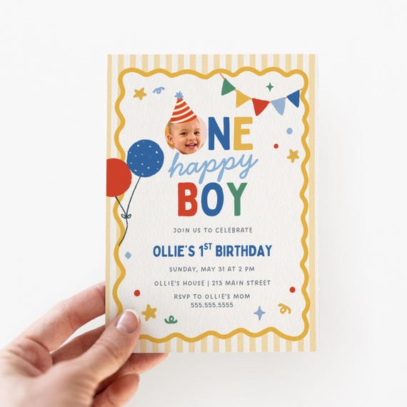 One Happy Boy First Birthday Boy Invitation | 1st Birthday Photo | Canva Template (1095)
