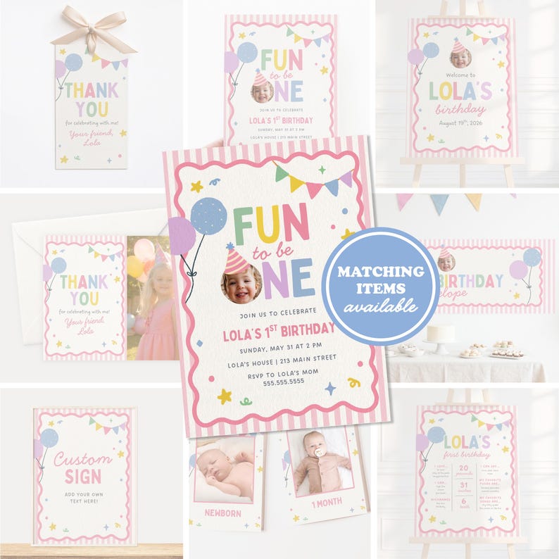 Op de afbeelding: Een collectie briefpapier voor een eerste verjaardag met een pastelkleurenpalet van roze, blauw en geel. Items zijn onder meer uitnodigingen, bedankkaartjes en mijlpaalbordjes met geschulpte roze randen, ballonnen en vlaggetjes.
