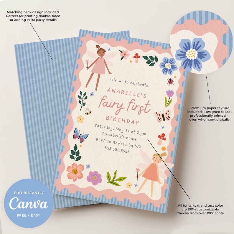May include: A fairy-themed birthday invitation with a pink and blue color scheme. The invitation features illustrations of fairies, flowers, and butterflies. The text reads "Anabelle's fairy first birthday". The back of the invitation has a blue striped design.