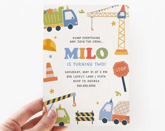 Plantilla de invitación de cumpleaños de construcción / 2.º y 3.er cumpleaños / Descarga digital editable en Canva