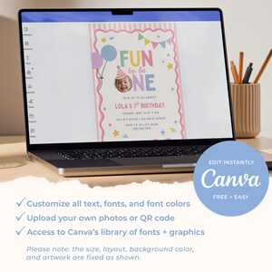 Op de afbeelding: Een digitaal verjaardagsuitnodigingssjabloon op een laptopscherm met de tekst FUN to be ONE, Lola's 1st Birthday en feestdetails. Het ontwerp bevat kleurrijke ballonnen, vlaggetjes, sterren en een ronde fotohouder voor een afbeelding.