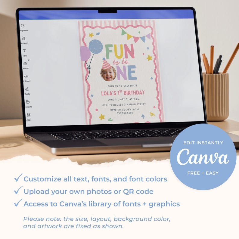 Op de afbeelding: Een digitaal verjaardagsuitnodigingssjabloon op een laptopscherm met de tekst FUN to be ONE, Lola's 1st Birthday en feestdetails. Het ontwerp bevat kleurrijke ballonnen, vlaggetjes, sterren en een ronde fotohouder voor een afbeelding.