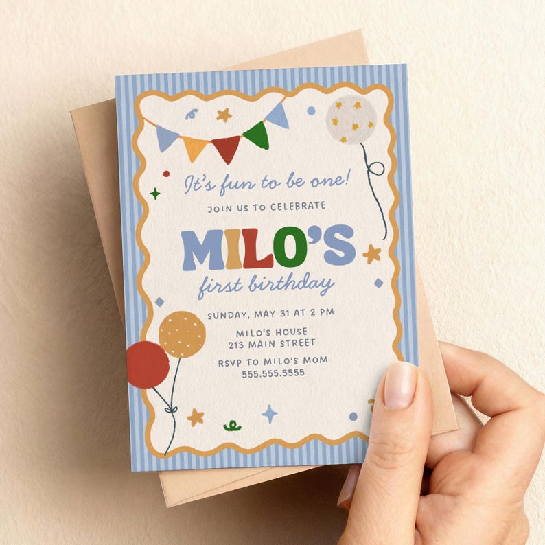 May include: A birthday invitation with a blue and cream border, featuring the text "It's fun to be one!" and "MILO'S first birthday." The invitation includes balloons, stars, and a banner. The RSVP information is also included.