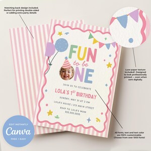Op de afbeelding: Een verjaardagsuitnodigingskaart met een geschulpte roze rand, pastelkleurige ballonnen, vlaggetjes en sterren. De tekst luidt FUN to be ONE, JOIN US TO CELEBRATE LOLA'S 1ST BIRTHDAY, SUNDAY, MAY 31 AT 2 PM, LOLA'S HOUSE, 213 MAIN STREET, RSVP TO LOLA'S MOM 555.555.5555.