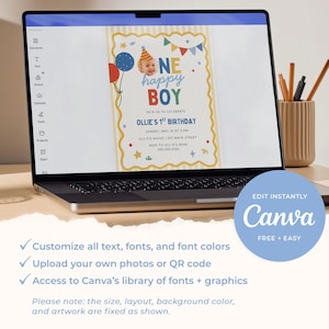 May include: A laptop displays a birthday invitation with the text "NE happy BOY" and "Ollie's 1st Birthday." The design includes balloons, a party hat, and colorful banners. The Canva logo is visible, along with customization options.