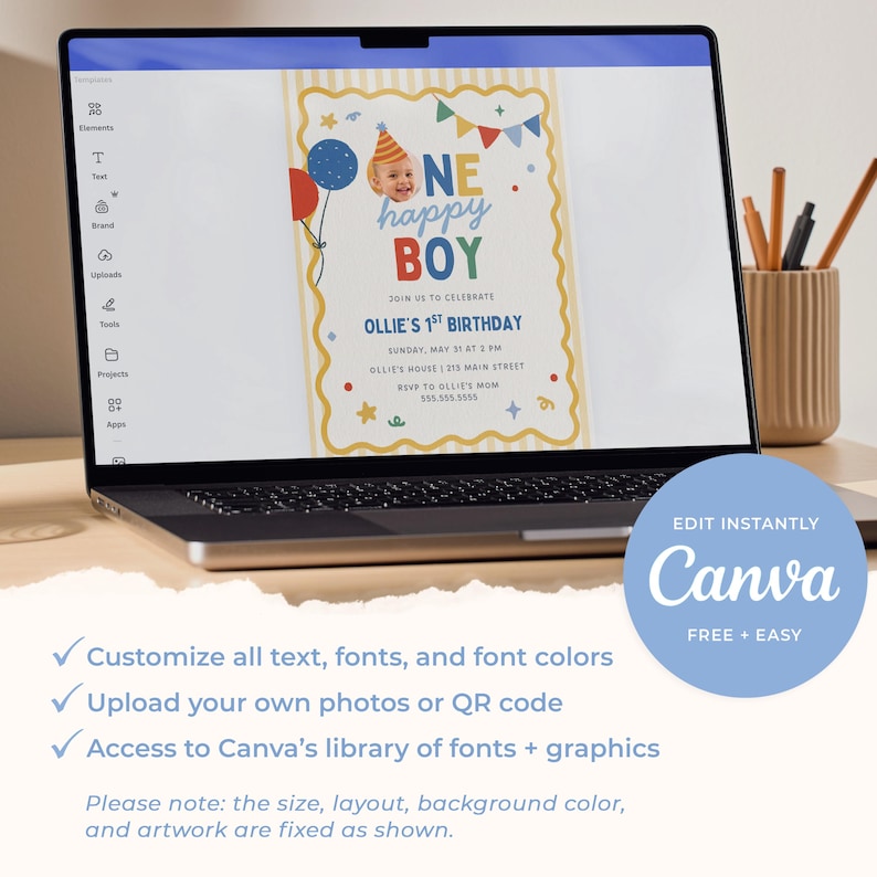 May include: A laptop displays a birthday invitation with the text "NE happy BOY" and "Ollie's 1st Birthday." The design includes balloons, a party hat, and colorful banners. The Canva logo is visible, along with customization options.