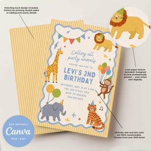 May include: A children's birthday party invitation with a jungle animal theme. The invitation features a giraffe, lion, elephant, tiger, and monkey. The text reads "Calling all party animals" and "Levi's 2nd Birthday". The invitation is on a textured paper.