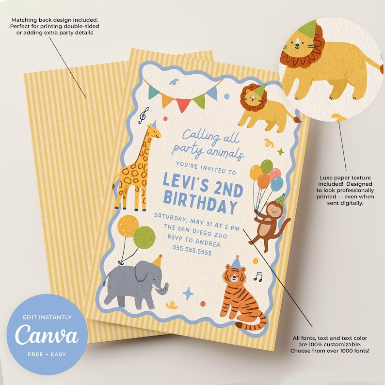 May include: A children's birthday party invitation with a jungle animal theme. The invitation features a giraffe, lion, elephant, tiger, and monkey. The text reads "Calling all party animals" and "Levi's 2nd Birthday". The invitation is on a textured paper.