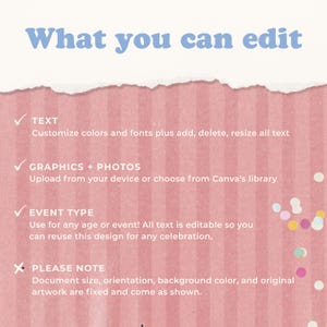 K&ouml;nnte beinhalten: Eine rosa-wei&szlig;e Grafik mit dem Text "What you can edit" in Blau. Das Bild listet bearbeitbare Funktionen auf: Text, Grafiken, Fotos und Veranstaltungstyp. Es weist auch darauf hin, dass Dokumentengr&ouml;&szlig;e, Ausrichtung und Artwork festgelegt sind.