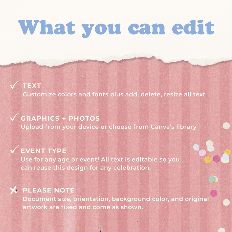 K&ouml;nnte beinhalten: Eine rosa-wei&szlig;e Grafik mit dem Text "What you can edit" in Blau. Das Bild listet bearbeitbare Funktionen auf: Text, Grafiken, Fotos und Veranstaltungstyp. Es weist auch darauf hin, dass Dokumentengr&ouml;&szlig;e, Ausrichtung und Artwork festgelegt sind.