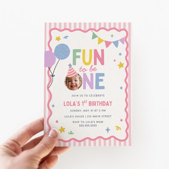 It's Fun to Be One First Birthday Girl Invitation | 1st Birthday | Canva Template (1095)