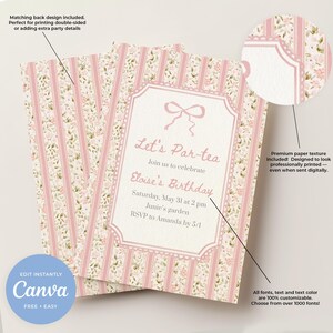 K&ouml;nnte beinhalten: Rosa Party-Einladungskarten mit Blumen- und Streifenmuster mit dem Text "Let's Par-tea" und "Eloise's Birthday". Die Einladungen haben ein passendes R&uuml;ckseitendesign und sind anpassbar. Das Canva-Logo befindet sich unten links.