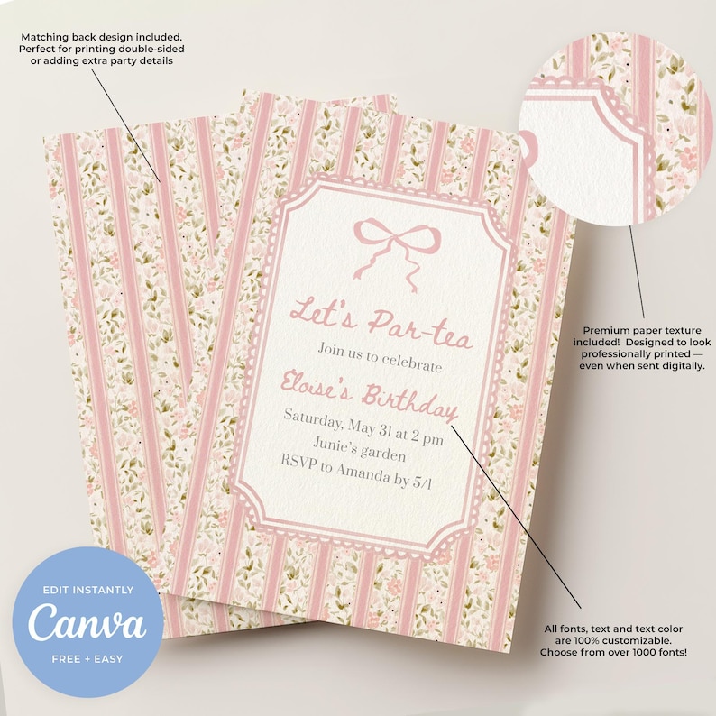 K&ouml;nnte beinhalten: Rosa Party-Einladungskarten mit Blumen- und Streifenmuster mit dem Text "Let's Par-tea" und "Eloise's Birthday". Die Einladungen haben ein passendes R&uuml;ckseitendesign und sind anpassbar. Das Canva-Logo befindet sich unten links.
