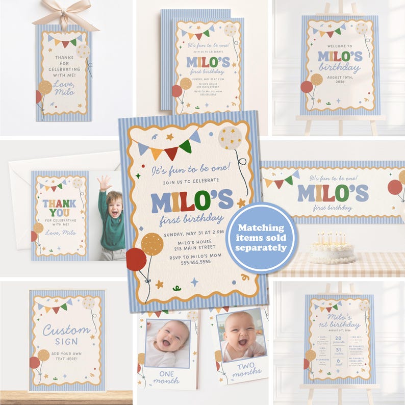 Op de afbeelding: Een verzameling feestartikelen voor een eerste verjaardag. De items omvatten uitnodigingen, bedankkaarten, een welkomstbord en een banner, allemaal met een blauw en beige kleurenschema met ballonnen en de tekst "Milo's first birthday."