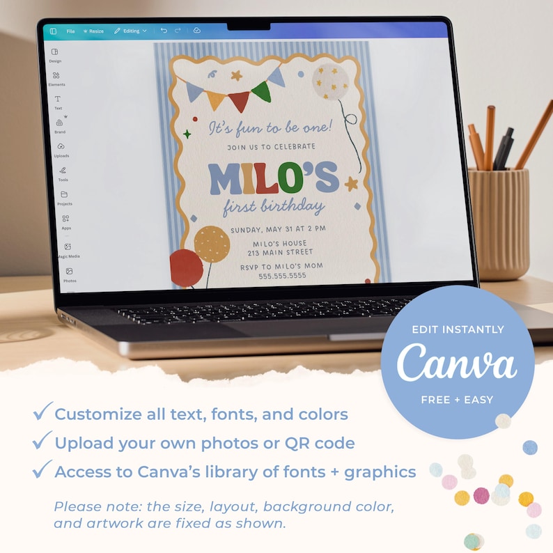 Op de afbeelding: Een laptop toont een aanpasbare verjaardags uitnodigingssjabloon. Het ontwerp bevat de tekst "It's fun to be one!" en "MILO'S first birthday". De uitnodiging bevat ballonnen, sterren en een banner. Het Canva-logo is zichtbaar.