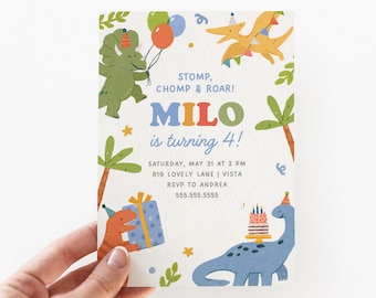 Invitación de cumpleaños de dinosaurio / Invitación para niño de 1.º, 2.º, 3.º, 4.º y 5.º cumpleaños / Plantilla de Canva (1064)