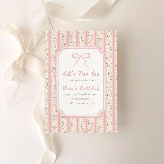 Tea Party Invitation | Pink Bow Girl Birthday Digital Invite | Canva Template (1006_TEA)
